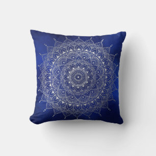 Elegant Silver on Deep Blue Floral Henna Mandala Throw Pillow