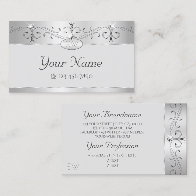 Elegant Silver Ornate Sparkling Diamonds Monogram Business Card (Front/Back)