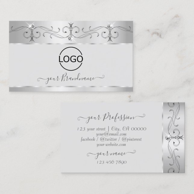 Elegant Silver Ornate Sparkling Diamonds with Logo Business Card (Front/Back)