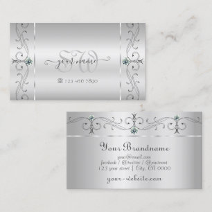 Elegant Silver Ornate Squiggled Jewels Monogram Business Card