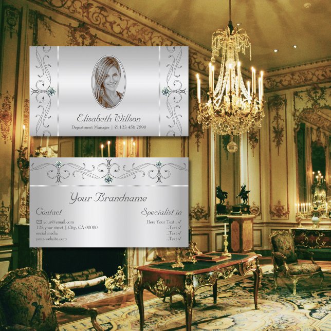 Elegant Silver Ornate Squiggled Jewels with Photo Business Card (Creator Uploaded)