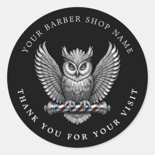 Elegant Silver Owl Barber Shop Logo Hair Stylist Classic Round Sticker