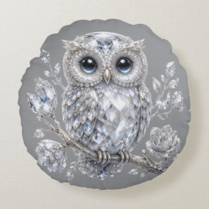 Elegant Silver Owl Botanical Magic Night Deco Round Pillow