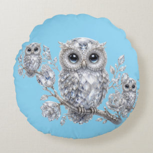 Elegant Silver Owl Botanical Magic Night Deco Round Pillow