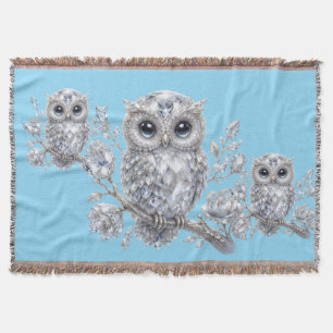 Elegant Silver Owl Botanical Magic Night Deco Throw Blanket