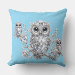 Elegant Silver Owl Botanical Magic Night Deco Throw Pillow