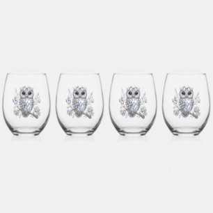Elegant Silver Owl Botanical Magic Night Decor Stemless Wine Glass
