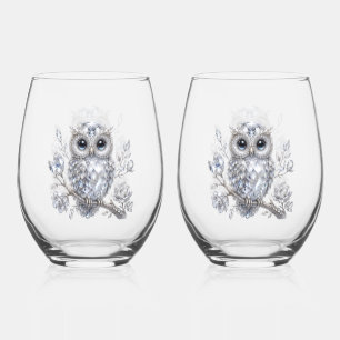 Elegant Silver Owl Botanical Magic Night Decor Stemless Wine Glass
