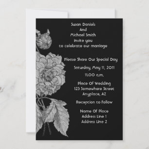Elegant Silver Peony Black Floral Wedding  Invitation