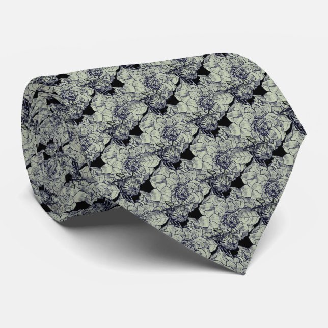Elegant Silver Peony Flower Black Floral Pattern Tie (Rolled)