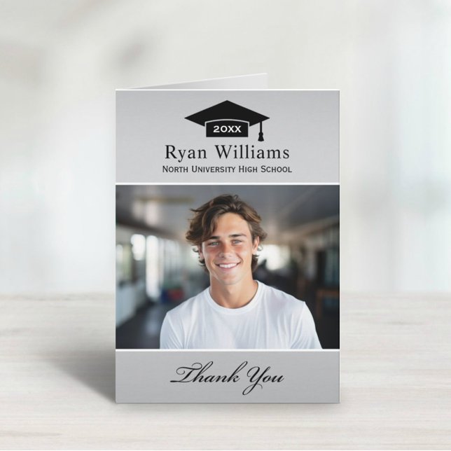 Elegant Silver Personalized Graduation Photo Thank You Card (Creator Uploaded)