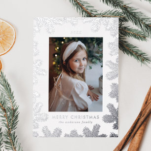 Elegant Silver Pine Frame Photo Foil Holiday Card