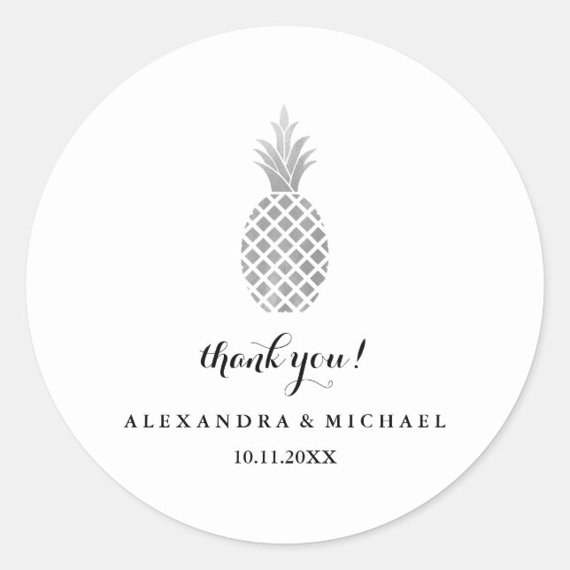 Elegant Silver Pineapple Wedding Thank You Classic Round Sticker (Front)