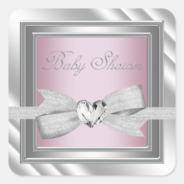 Elegant Silver Pink Baby Shower Stickers (Front)