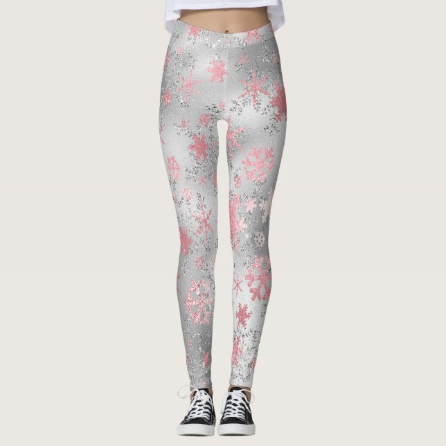 Elegant Silver Pink Christmas Snowflake Pattern Leggings (Front)