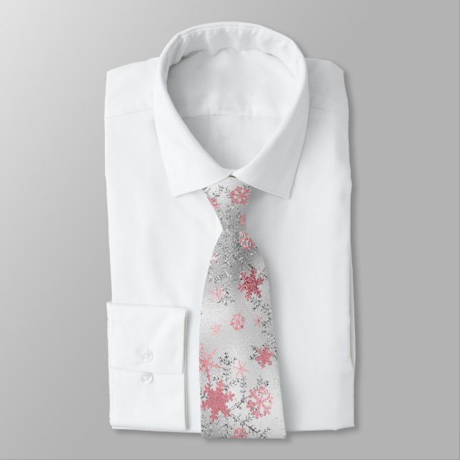 Elegant Silver Pink Christmas Snowflake Pattern Tie (Tied)