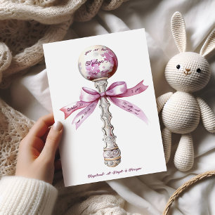 Elegant Silver Pink Rattle Bow Baby Shower Invitation
