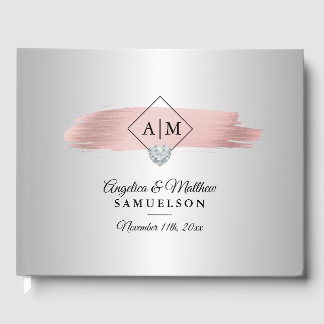 Elegant Silver Pink Rose Gold Monograms Wedding Guest Book (Front)