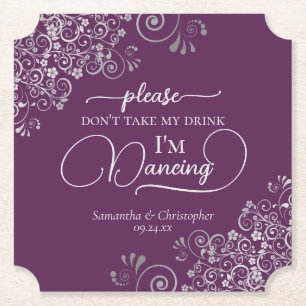 Elegant Silver & Plum Don't Take My Drink Wedding Paper Coaster