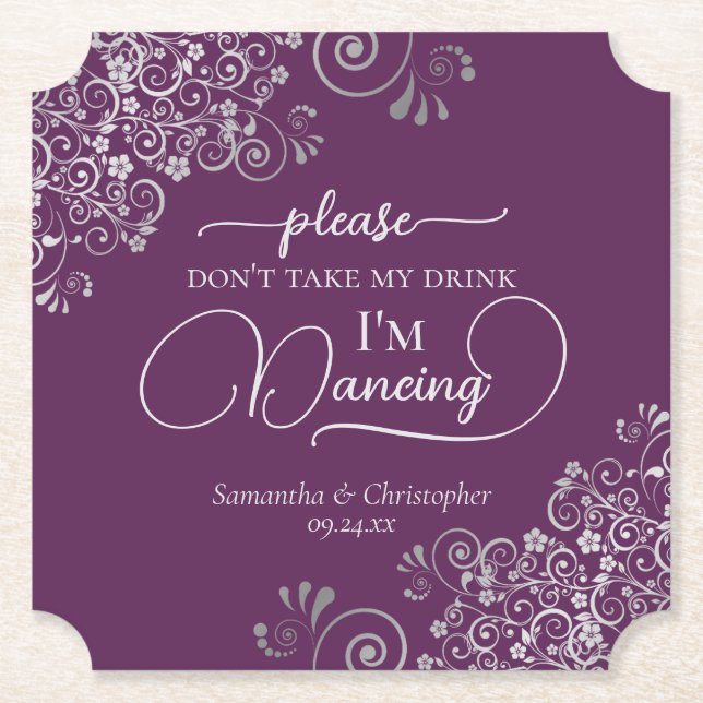 Elegant Silver & Plum Don't Take My Drink Wedding Paper Coaster (Front)