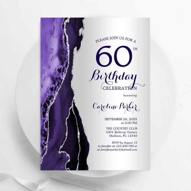 Elegant Silver Purple Agate 60th Birthday Invitation (Creator Uploaded)