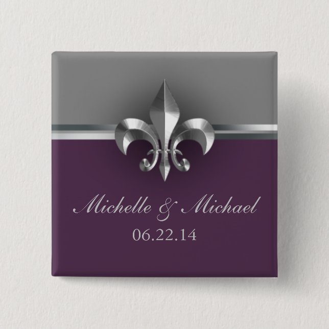 Elegant Silver Purple Fleur de Lis 2 Inch Square Button (Front)
