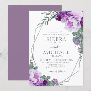 Elegant Silver & Purple Floral Eucalyptus Wedding Invitation