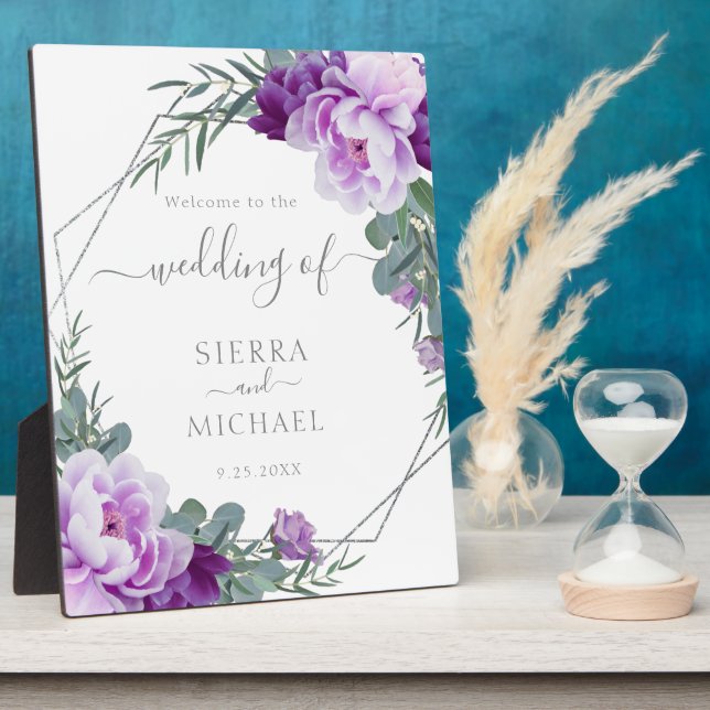 Elegant Silver & Purple Floral Eucalyptus Wedding Plaque (Side)