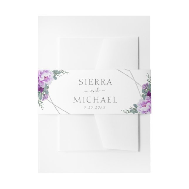 Elegant Silver & Purple Floral Wedding Invitation Invitation Belly Band (Front Example)