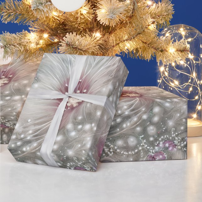 Elegant Silver & Red Bead Pearl Christmas Floral Wrapping Paper (Holidays)