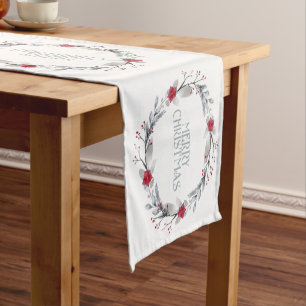 Elegant Silver Red Merry Christmas Wreath Short Table Runner