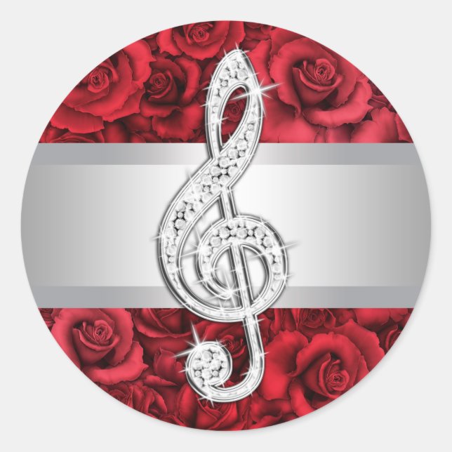 Elegant Silver Red Rose Treble Clef Stickers (Front)