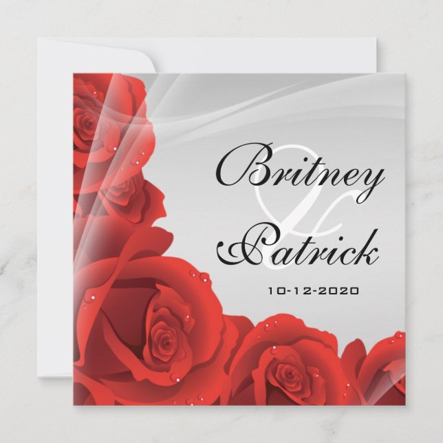 Elegant Silver & Red Rose Wedding Invitations (Front)