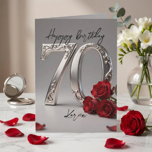 Elegant Silver Red Rose Womens 70th Birthday Card