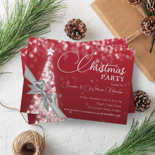 Elegant Silver Red Shimmering Xmas Tree Holiday  Invitation