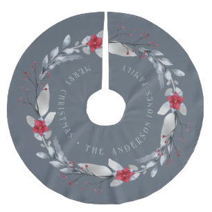 Elegant Silver Red Wreath Festive Foliage Brushed Polyester Tree Skirt