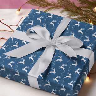 Elegant Silver Reindeer Blue Christmas Holiday Wrapping Paper