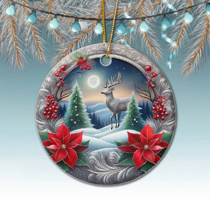 Elegant Silver Reindeer Poinsettia Flower, Deer 🦌 Ceramic Ornament