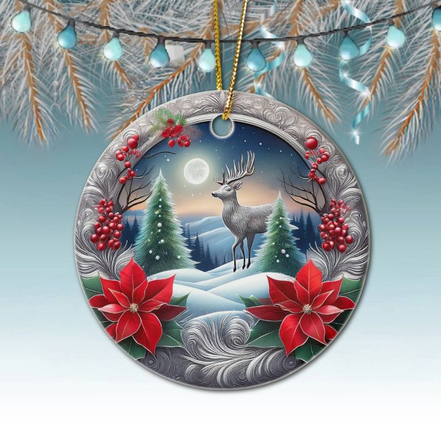 Elegant Silver Reindeer Poinsettia Flower, Deer 🦌 Ceramic Ornament (Silver Reindeer, Deer Antlers, Poinsettia Flowers Winter Trees Moon Scene Ornament Front/Back 🦌🎄)
