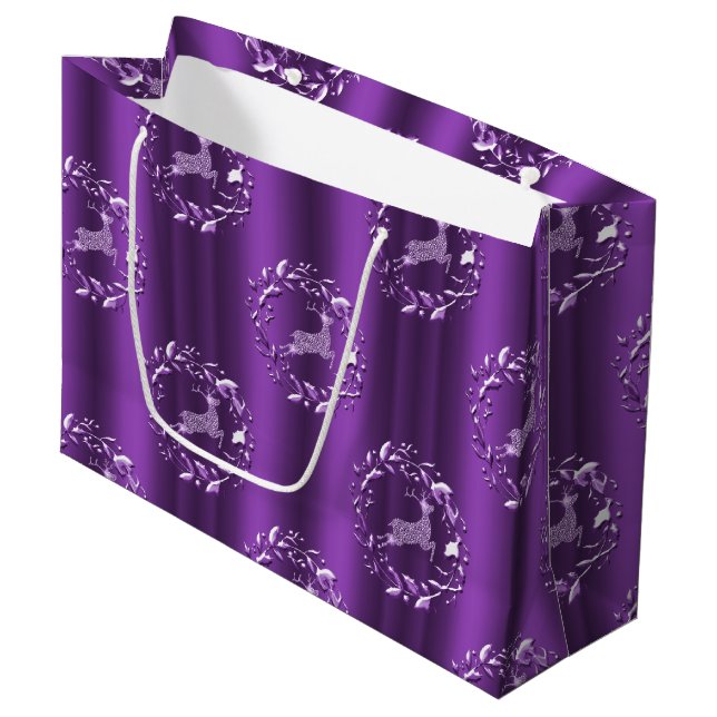 Elegant Silver Reindeer Purple Christmas Large Gift Bag (Front Angled)