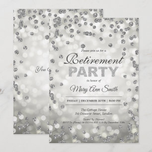 Elegant Silver Retirement Party Confetti & Lights Invitation