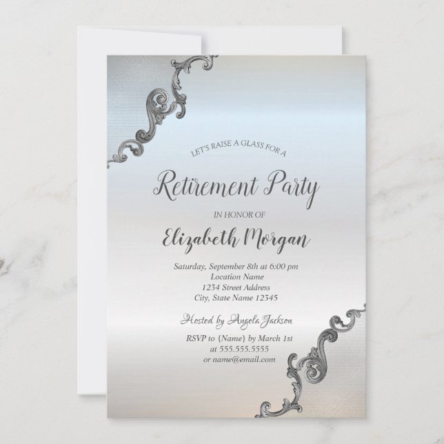 Elegant Silver Retro Border Silver Retirement  Invitation (Front)