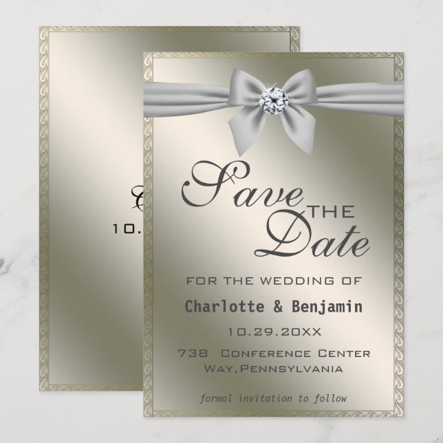 Elegant Silver Ribbon & Gemstone Save The Date (Front/Back)