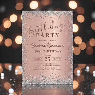 Elegant Silver Rose Gold Glitter 80th Birthday Invitation
