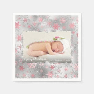 Elegant silver rose gold snowflakes custom photo napkin