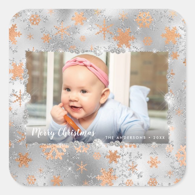 Elegant silver rose gold snowflakes custom photo square sticker (Front)