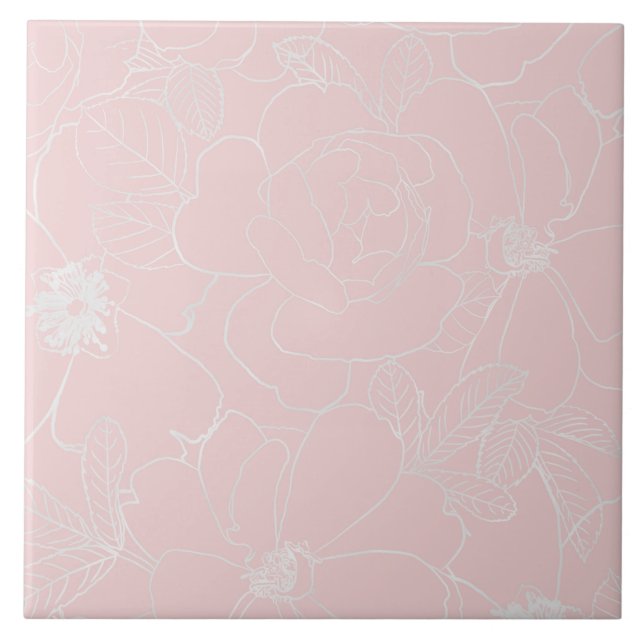 Elegant Silver Roses Floral Drawing Pink Design Tile (Front)
