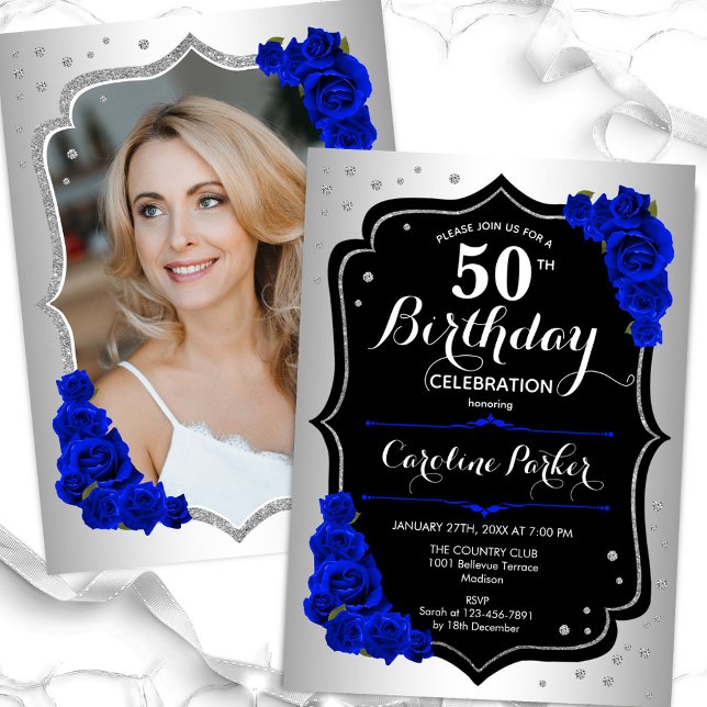 Elegant Silver Royal Blue Photo 50th Birthday Invitation (Creator Uploaded)