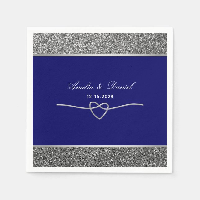 Elegant Silver Royal Blue Wedding Napkins (Front)