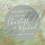 Elegant Silver Sage Signature Script Thank You Classic Round Sticker<br><div class="desc">Featuring signature style names,  this elegant silver sage sticker can be personalised with your special thank you information in chic white lettering. You can customize the background to your favourite colour. Designed by Thisisnotme©</div>